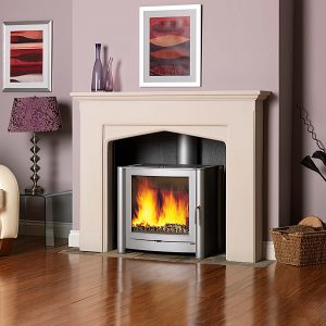 Wood burner or multi-fuel stove in recessed fireplace in modern lounge room